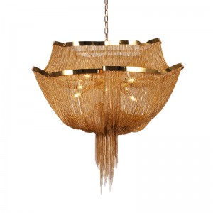 Post modern light luxury chandelier fashion art 2F gold aluminum chain tassel chandelier duplex hotel engineering lamp