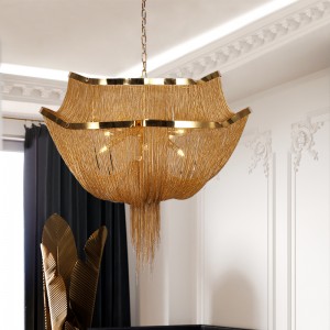 Post modern light luxury chandelier fashion art 2F gold aluminum chain tassel chandelier duplex hotel engineering lamp