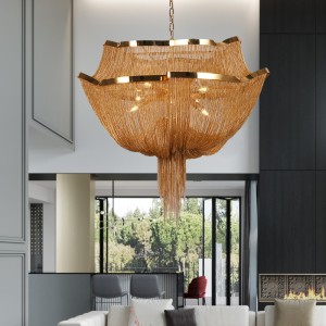 Post modern light luxury chandelier fashion art 2F gold aluminum chain tassel chandelier duplex hotel engineering lamp