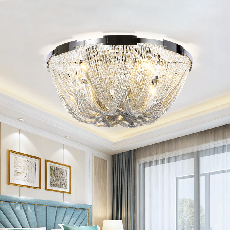 Light luxury ceiling light Italian living room simple atmosphere bedroom round light aluminum chain tassel light