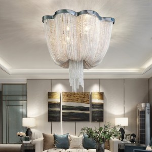 Light luxury tassel aluminum chain ceiling lamp living room bedroom stainless steel chain crystal chandelier